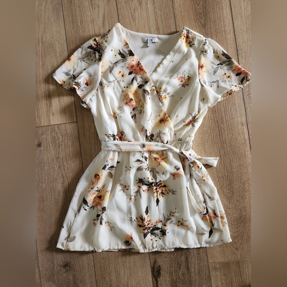Cream Floral Top Tied Waist Women's Size S